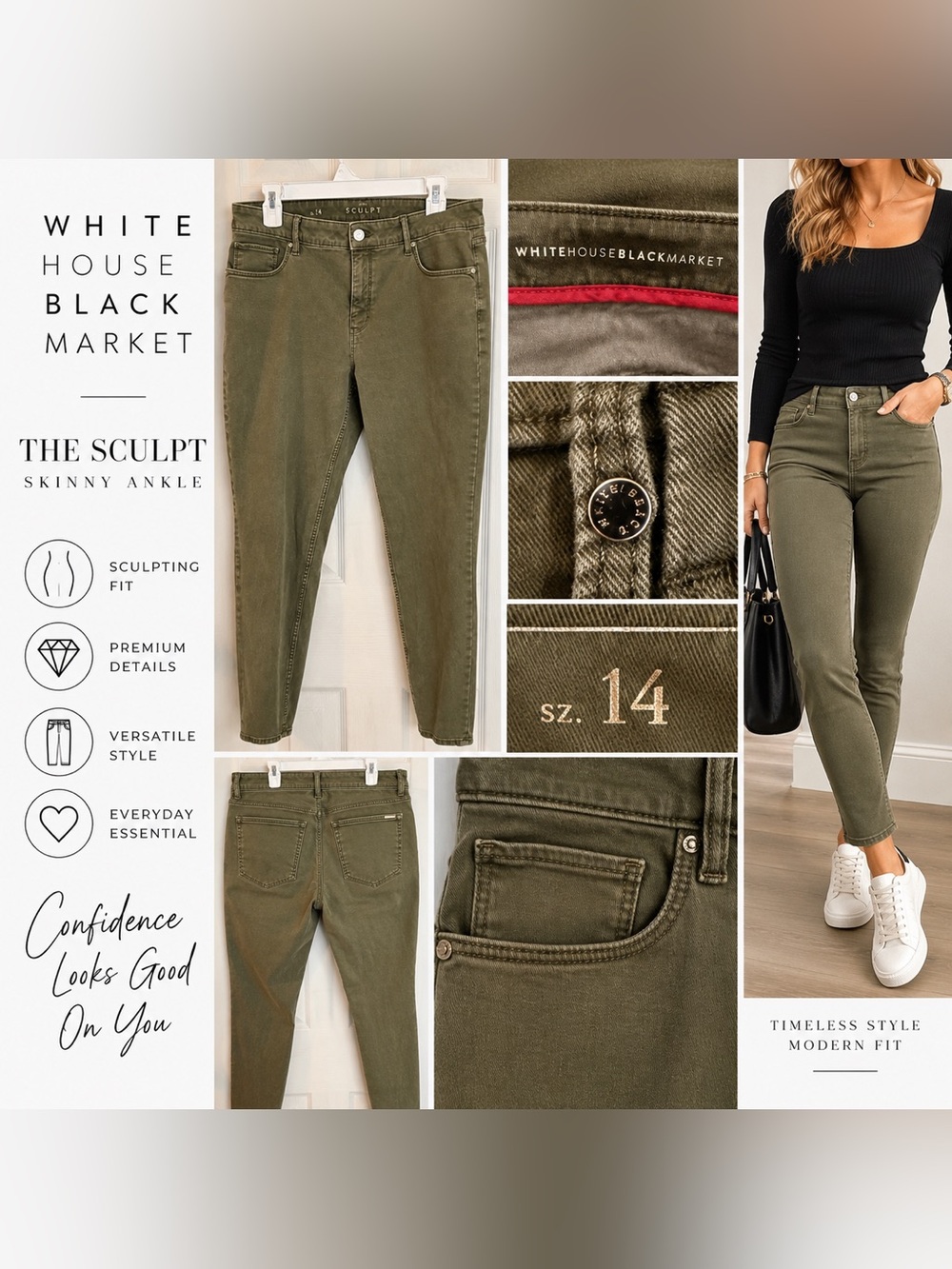 White House Black Market The Sculpt Skinny Ankle Jeans Size 14 Olive Green